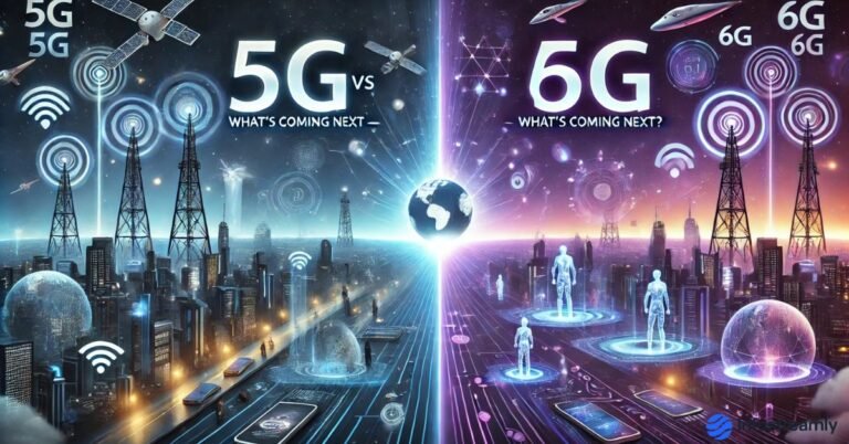 5G vs 6G – a futuristic comparison of next-generation wireless networks with holographic technology and smart city visuals.
