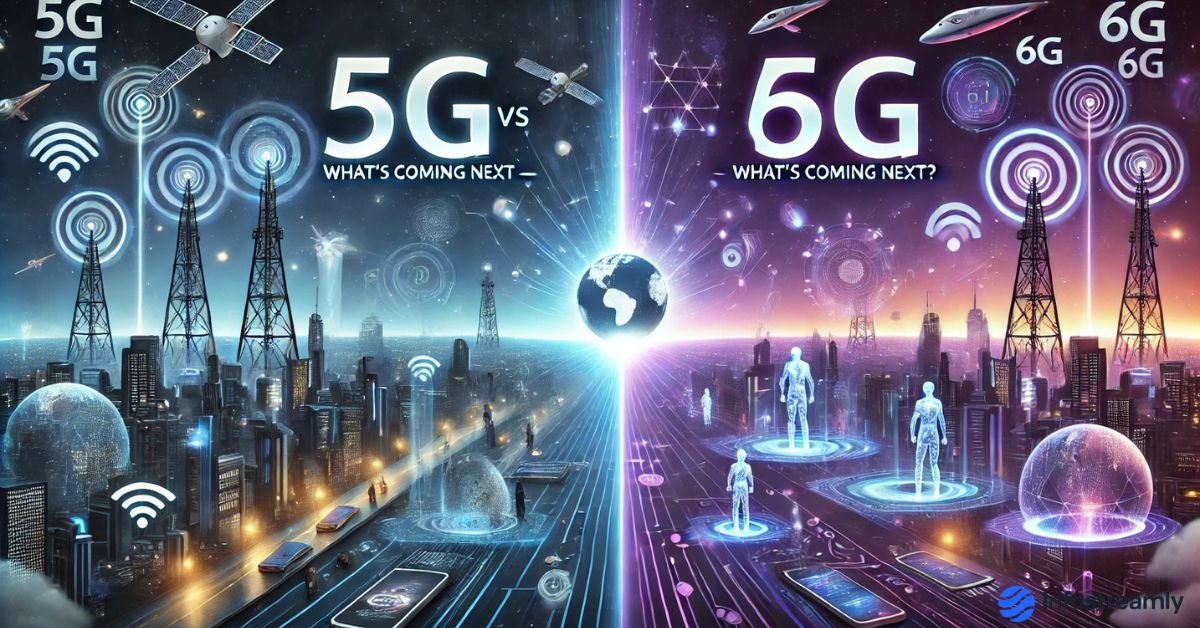 5G vs 6G – a futuristic comparison of next-generation wireless networks with holographic technology and smart city visuals.