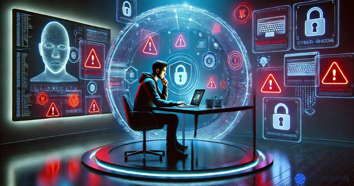 Cybersecurity Threats 2025 banner showing AI hackers, digital shields, deepfake icons, and quantum attack graphics.