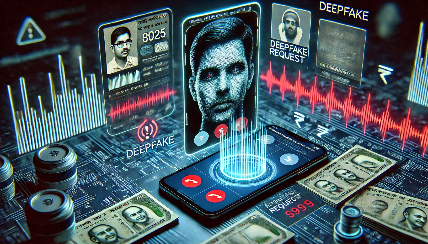 Deepfake Scams in India – How to Identify & Stay Safe – AI-generated fake video and voice fraud scene 2025