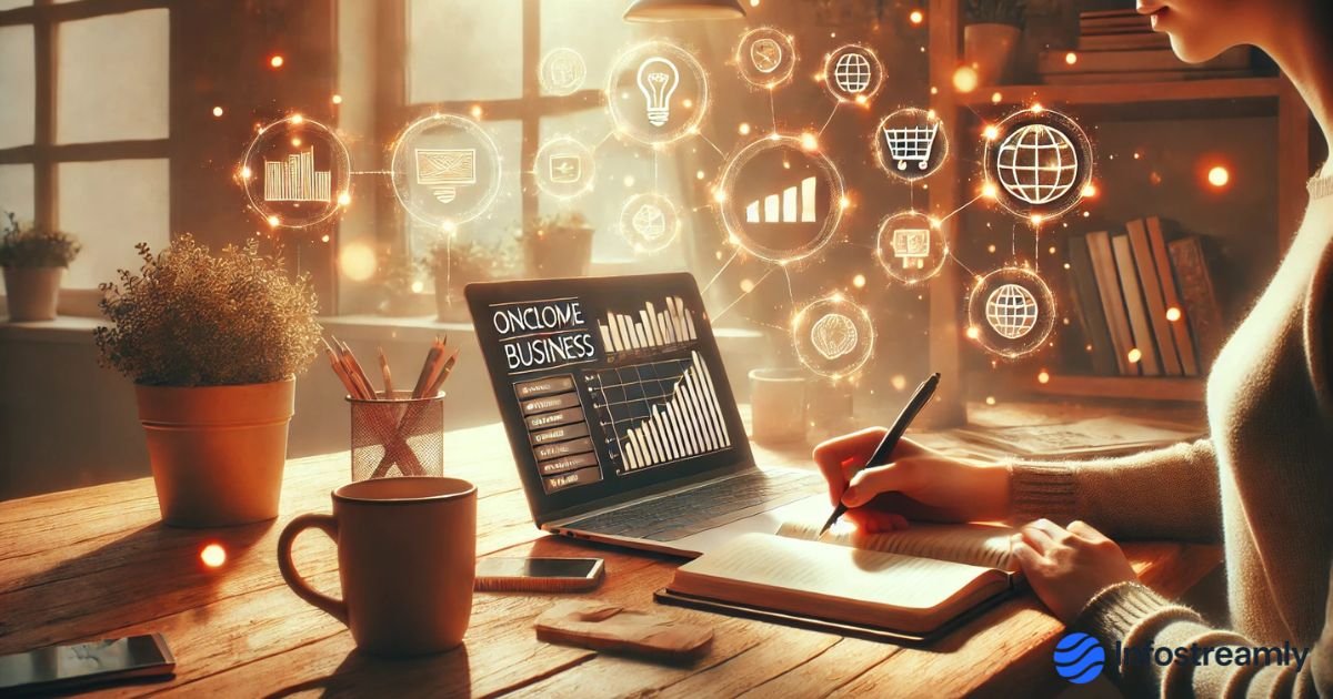 How to Start a Profitable Online Business in 2025: Workspace setup with a laptop and notes.