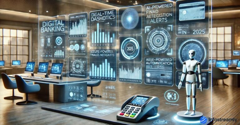AI in banking 2025—digital banking dashboard, AI fraud detection, chatbots, biometric security, and smart financial automation.