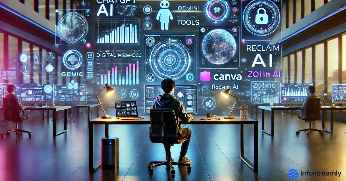 Top AI tools Indians are using in 2025 with holographic icons and futuristic digital workspaces.