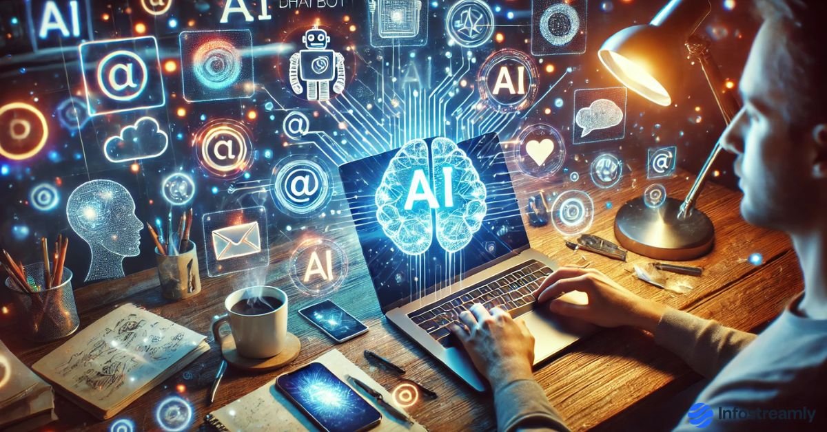 Best Free AI Tools for Content Creation – a futuristic digital workspace showing AI dashboards, automation tools, and modern productivity apps.