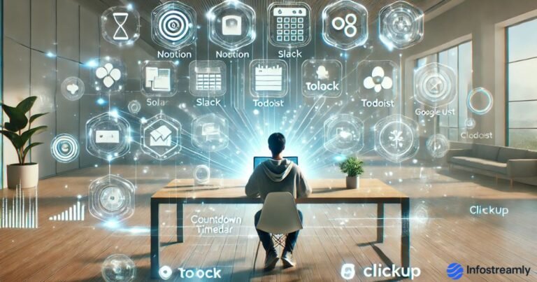 Best Free Productivity Apps 2025 – a modern digital workspace showing productivity tools, automation dashboards, and futuristic app icons.