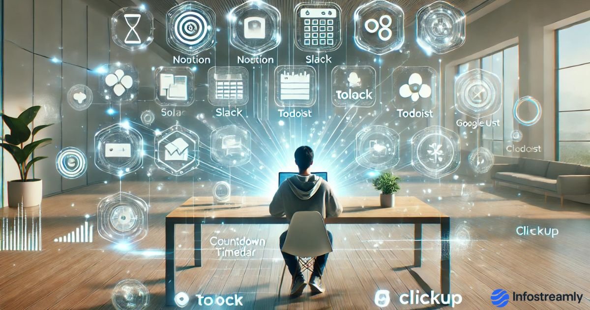 Best Free Productivity Apps 2025 – a modern digital workspace showing productivity tools, automation dashboards, and futuristic app icons.