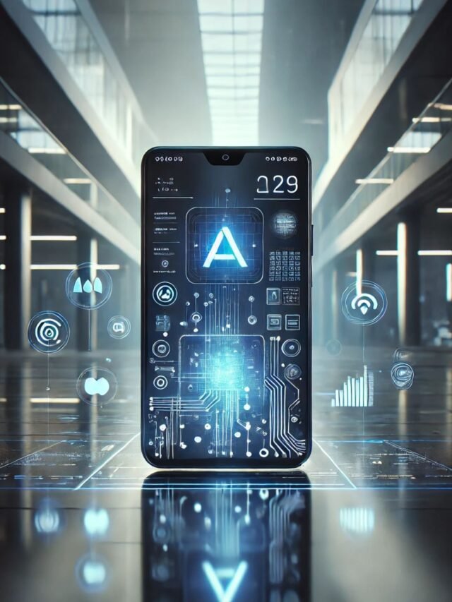 Futuristic smartphone with glowing unknown AI app icons and neon circuits