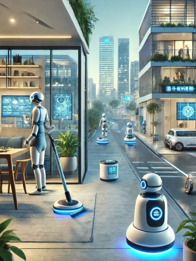 Futuristic 2030 scene showing multiple everyday robots in home and city environments.