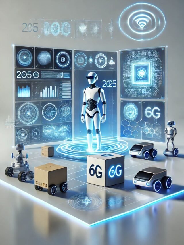 Futuristic 2025 technology scene with AI screens, smart devices, and digital holograms