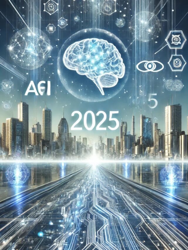 Futuristic 2025 AGI concept with glowing digital brain and tech innovation background