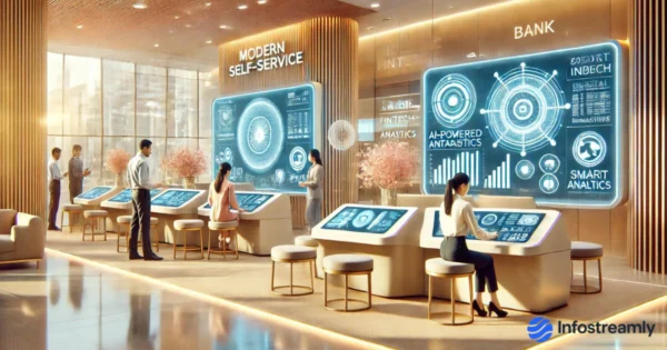Modern Indian bank branch with AI-powered systems