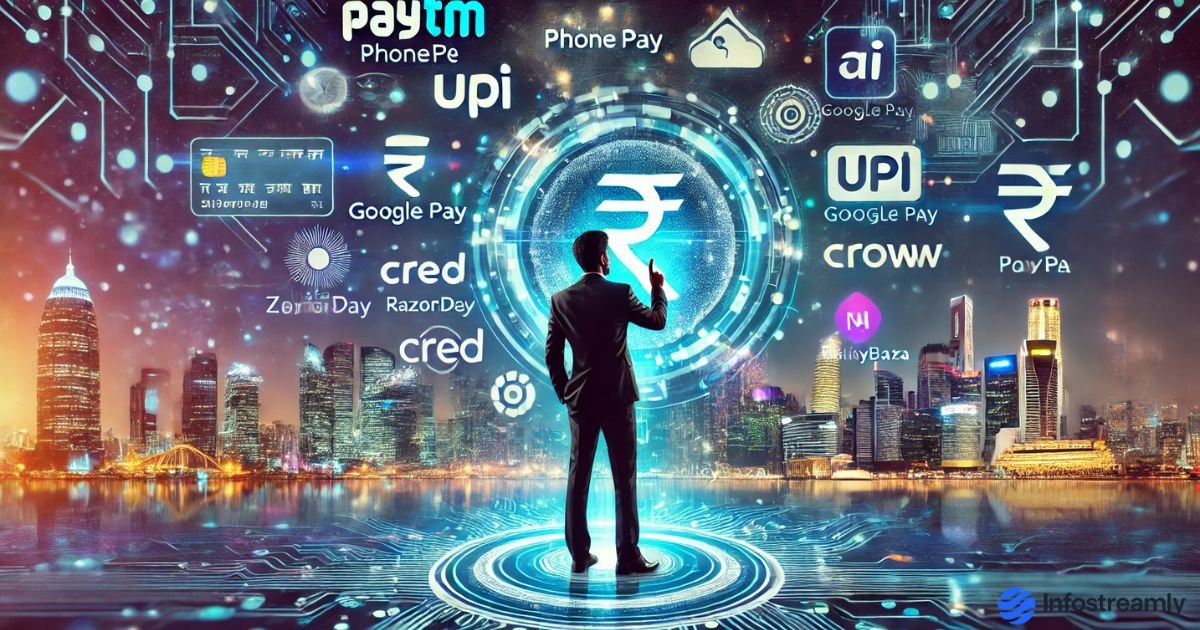 Top 10 Fintech Companies in India 2025 showing UPI payments, digital rupee icons, and top fintech company logos like Paytm, PhonePe, Google Pay, Razorpay, Groww, Zerodha, Cred, BharatPe, PolicyBazaar, and Navi.