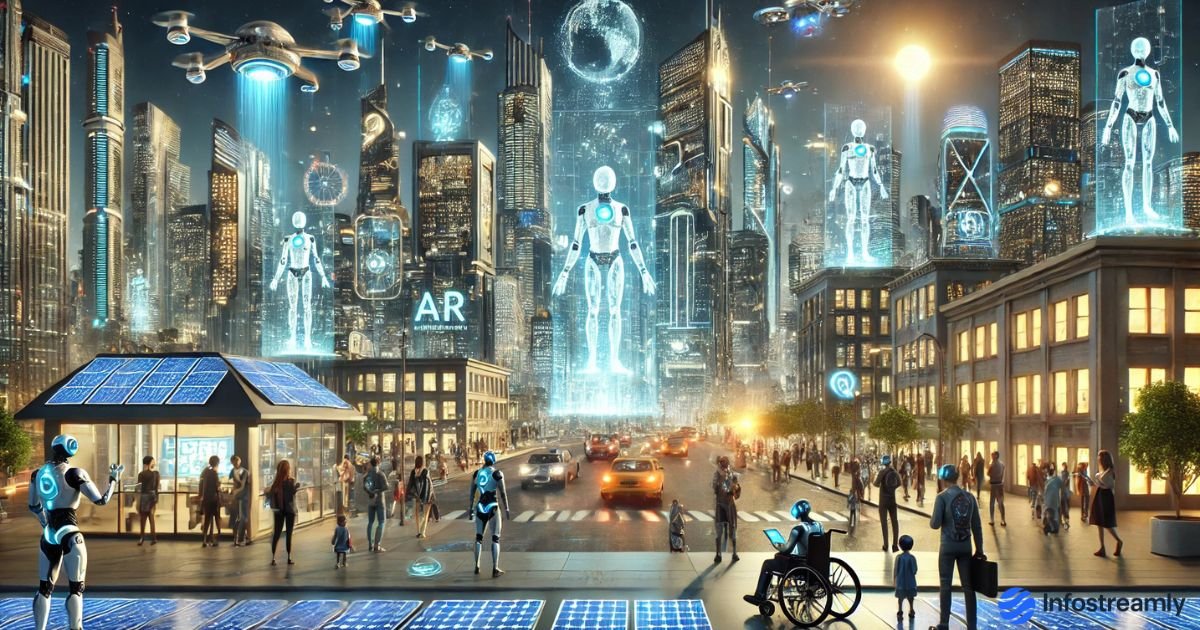 Future Technologies 2030 – futuristic city with AI, robotics, biotech, and energy innovations.