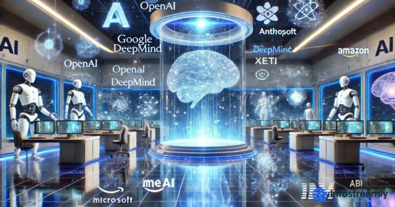 Top 10 Tech Companies Building AGI in 2025 with AI labs and futuristic holographic research