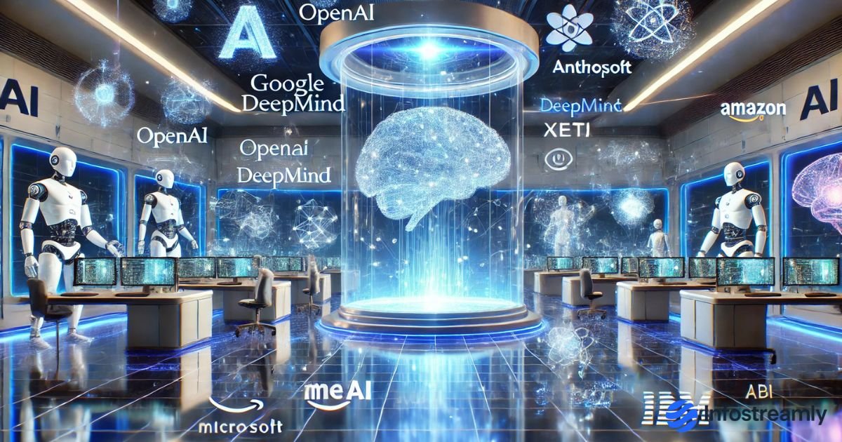 Top 10 Tech Companies Building AGI in 2025 with AI labs and futuristic holographic research