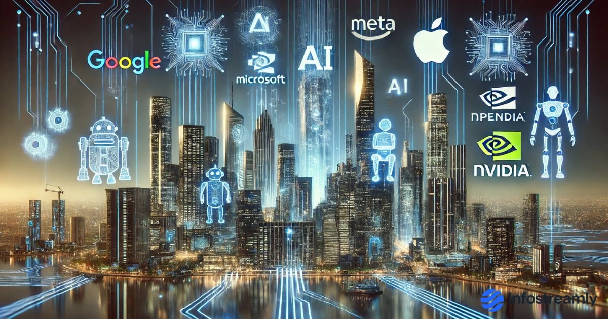 Futuristic AI-themed illustration showing ai-investments-2025 with digital city, holograms, and innovation icons