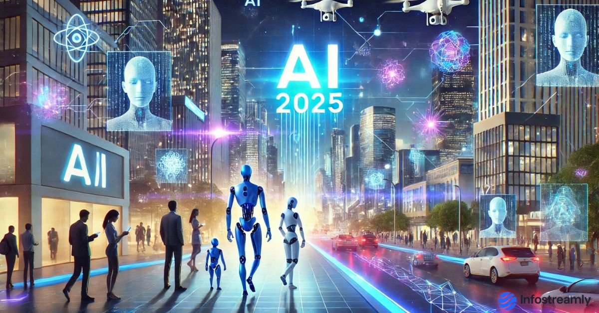 AI Trends 2025 – a futuristic city skyline showing AI-powered robots, holograms, automation systems, and next-generation technology.