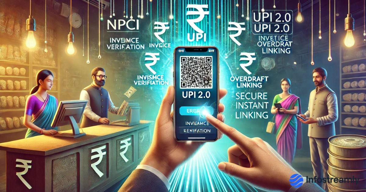 UPI 2.0 features explained – India’s digital payment system with QR code scanning, secure authentication, and futuristic fintech visuals.