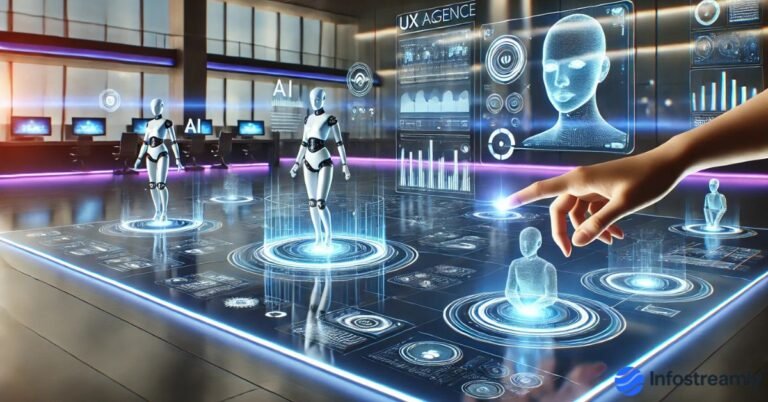 AI Agents meet User Experience interacting with modern UX dashboards in a futuristic digital workspace