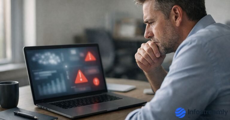 A serious professional reviewing AI failures of 2025 through warning alerts on a laptop in a modern office environment