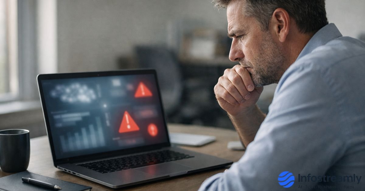 A serious professional reviewing AI failures of 2025 through warning alerts on a laptop in a modern office environment