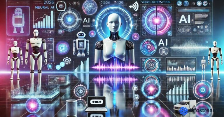 Futuristic Best AI Tools for 2026 collage with holographic dashboards, robots, digital interfaces, and glowing tech visuals