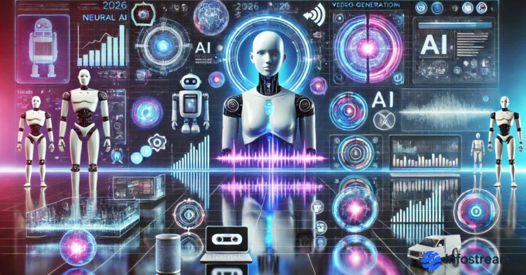 Futuristic Best AI Tools for 2026 collage with holographic dashboards, robots, digital interfaces, and glowing tech visuals