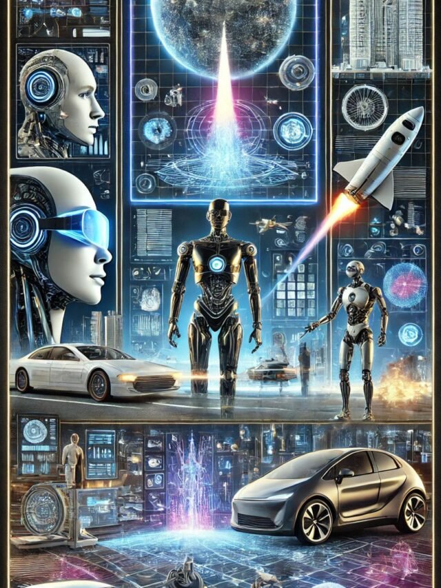 Futuristic sci-fi collage showing real technologies like AI, robots, holograms, AR glasses, space travel, and 3D printing innovations.
