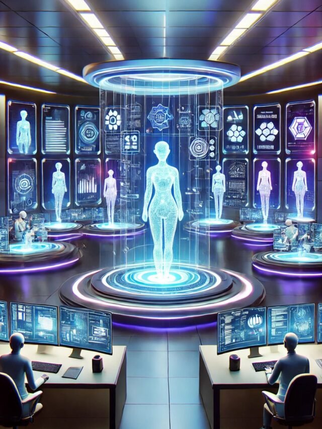 Ten futuristic holographic AI agents automating different tasks inside a Perplexity-style digital workspace.