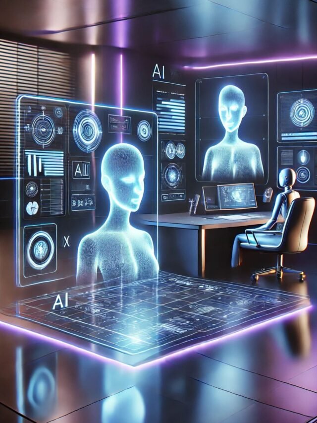 AI agents interacting with futuristic UX workspace in a modern digital environment
