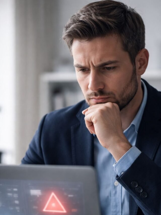 Professional reviewing AI warnings on a laptop in a modern office environment
