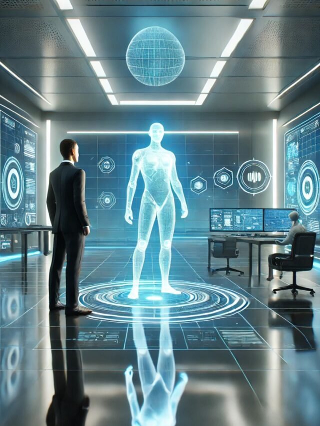AI–Human Collaboration futuristic workplace scene