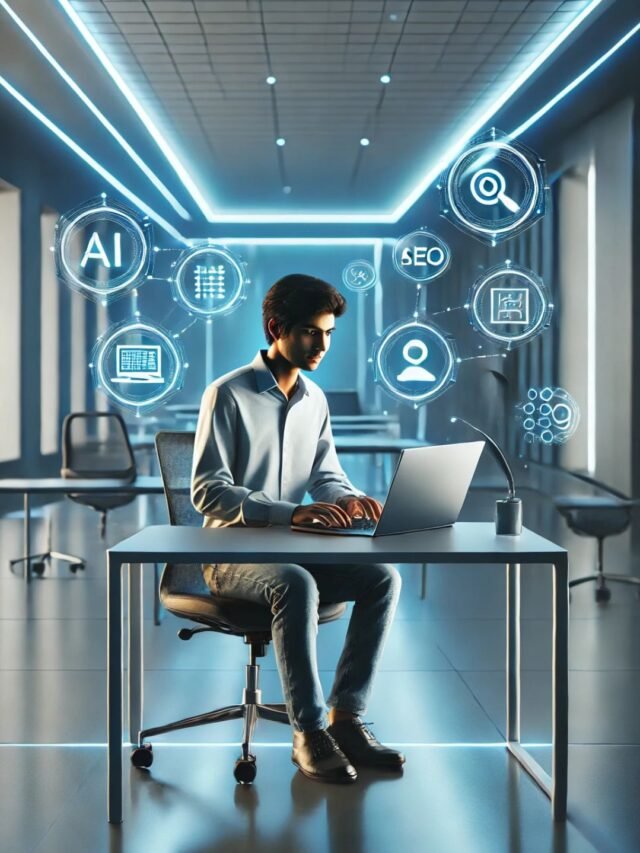 Indian digital marketer using AI tools for digital marketing in a futuristic workspace