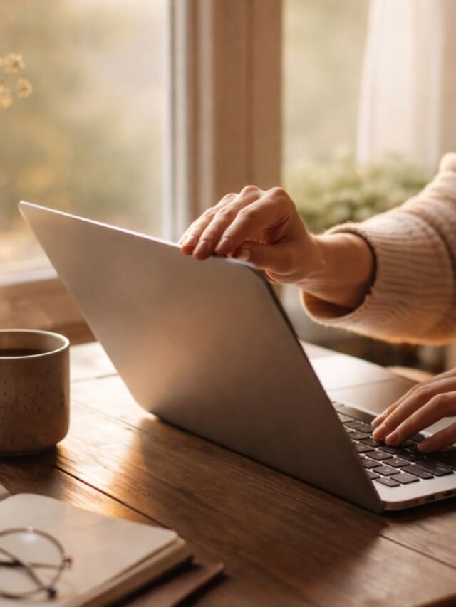 Person opening laptop early morning starting an AI-powered workday
