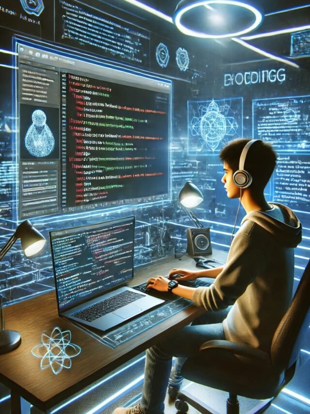 AI tools for students—smart studying setup with glowing AI icons—ultra-realistic modern study desk