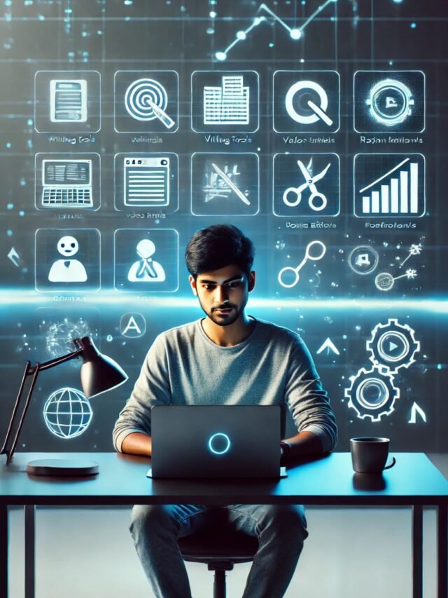 AI tools that can earn you money in 2025 shown with an Indian freelancer using a laptop and glowing digital icons.