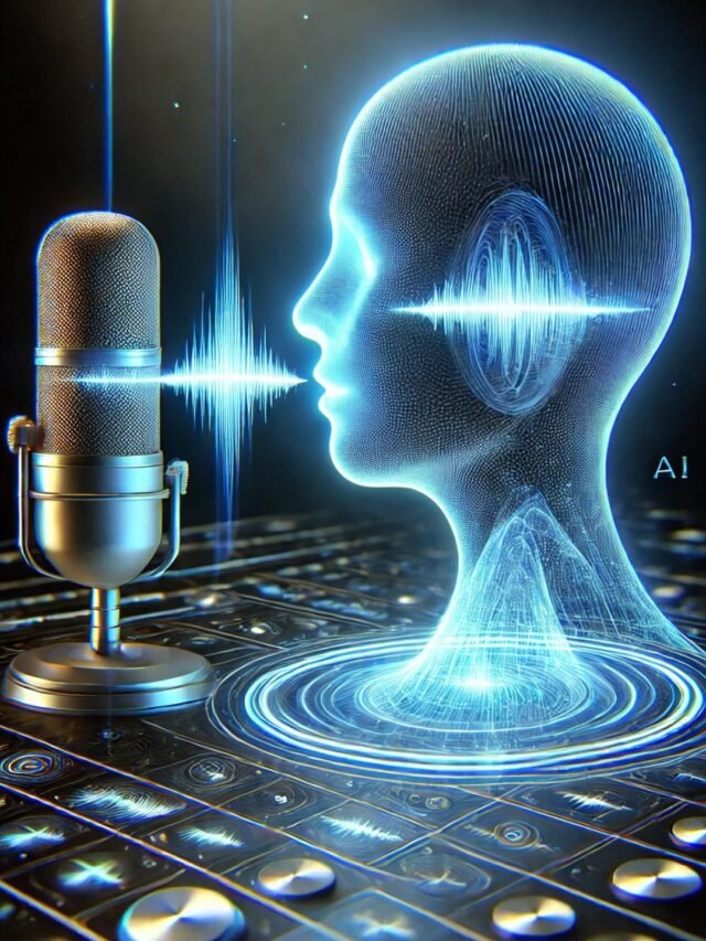 AI microphone with glowing soundwaves forming a human-like voice, futuristic audio interface, and ultra-realistic digital voice technology.