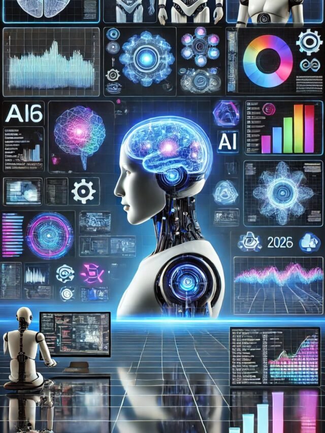 Futuristic AI tools 2026 collage with holograms, dashboards, robots, and digital interfaces in blue-purple neon lighting.