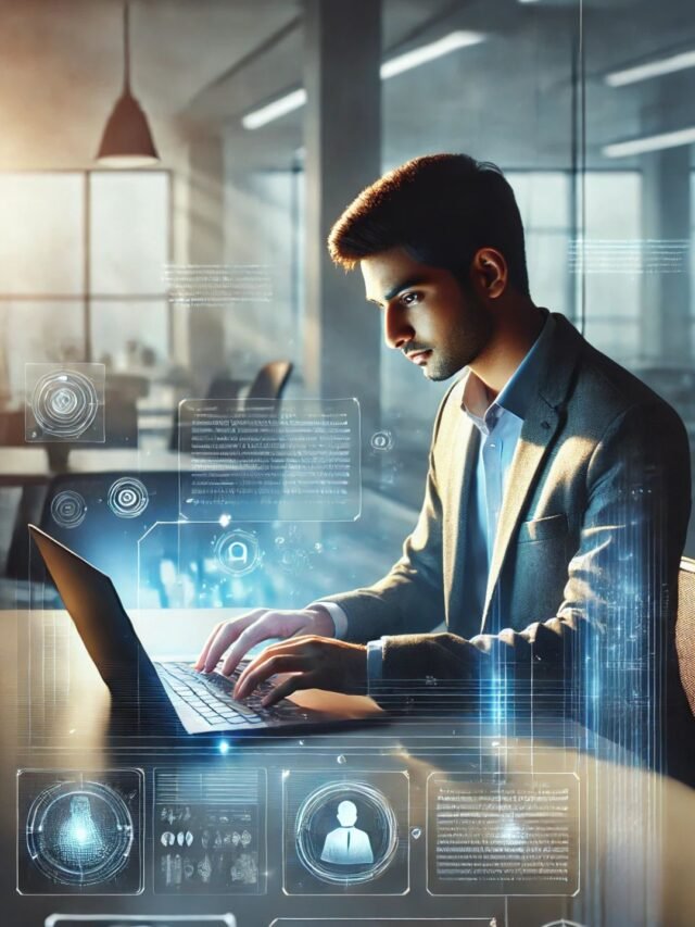 Indian professional using laptop with AI technology around in a futuristic workspace