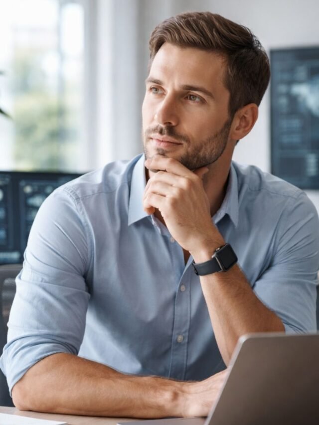 A cybersecurity professional sitting calmly at a modern desk, planning future income opportunities