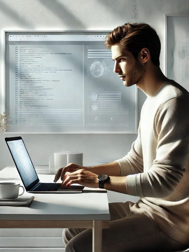 Emerging developer tools in 2026 concept showing a calm developer working on a laptop in a modern workspace