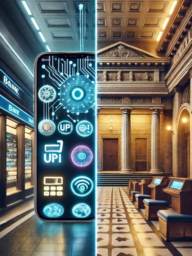 Fintech vs traditional banking comparison visual showing digital apps on a smartphone and a classic Indian bank building side by side.