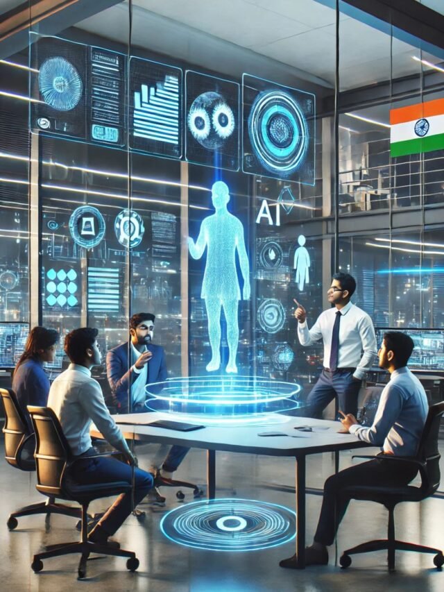 Futuristic AI-powered Indian startup workspace with glowing holographic tools and founders discussing ideas.