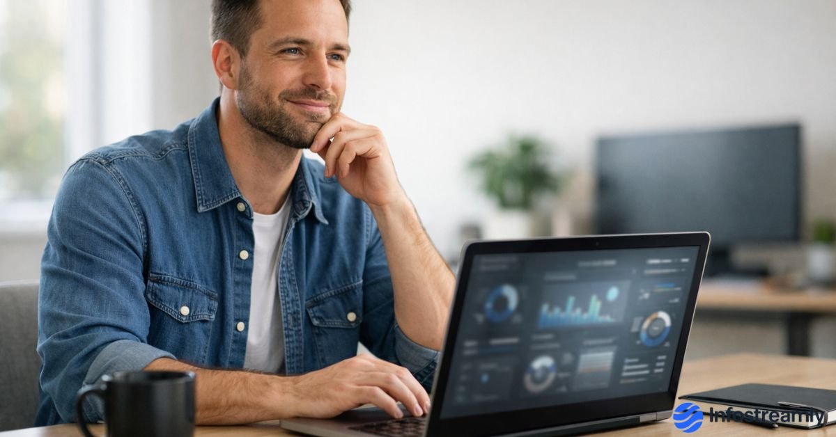 Cybersecurity professional working calmly on a laptop, representing cybersecurity income growth in 2026 through skill-based opportunities