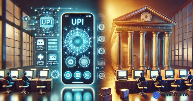 Fintech vs traditional banking comparison visual showing digital payments versus classic bank services.