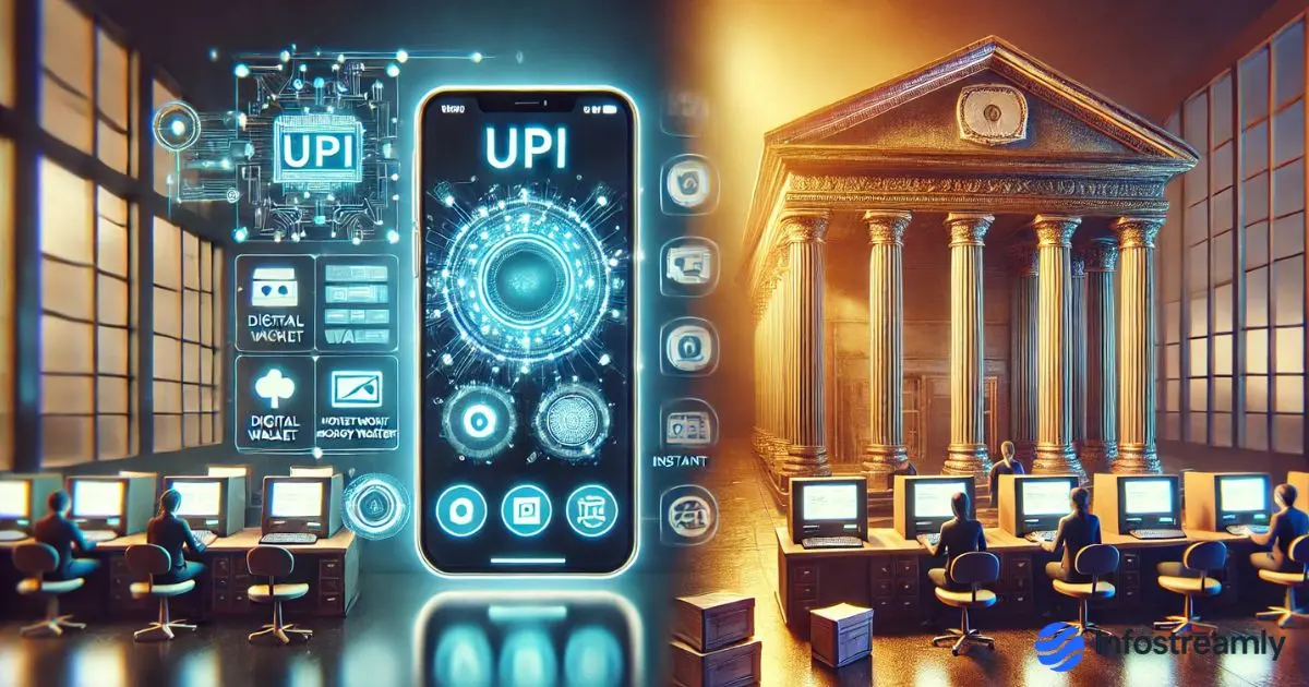 Fintech vs traditional banking comparison visual showing digital payments versus classic bank services.