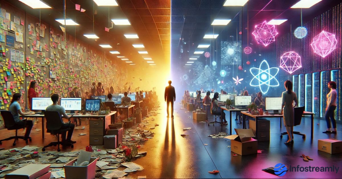 A person transitioning from Product Management to AI evals, moving from a busy workspace into a futuristic AI research environment.