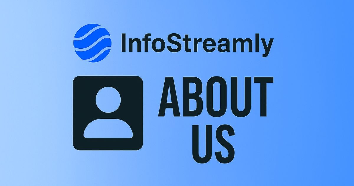 InfoStreamly About Us page banner with the website logo and team icons on a blue gradient background