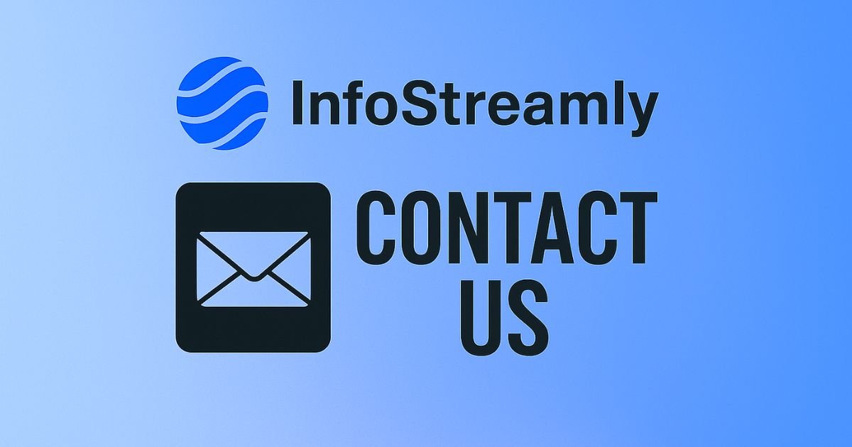 Contact Us page banner for InfoStreamly with communication icons on a blue gradient background
