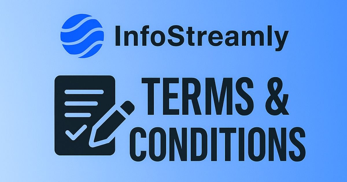 Official InfoStreamly Terms and Conditions page legal banner with agreement and protection icons.